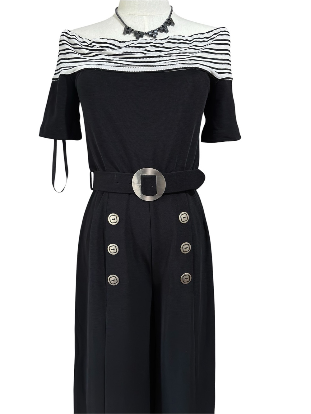 Joseph Ribkoff Wide Leg Jumpsuit 6 Nautical Off Shoulder Quiet Luxury Black - Picture 3 of 12